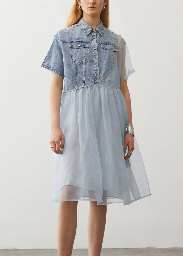 Léger denim été robe bleu ciel à col rond - EasyApparels