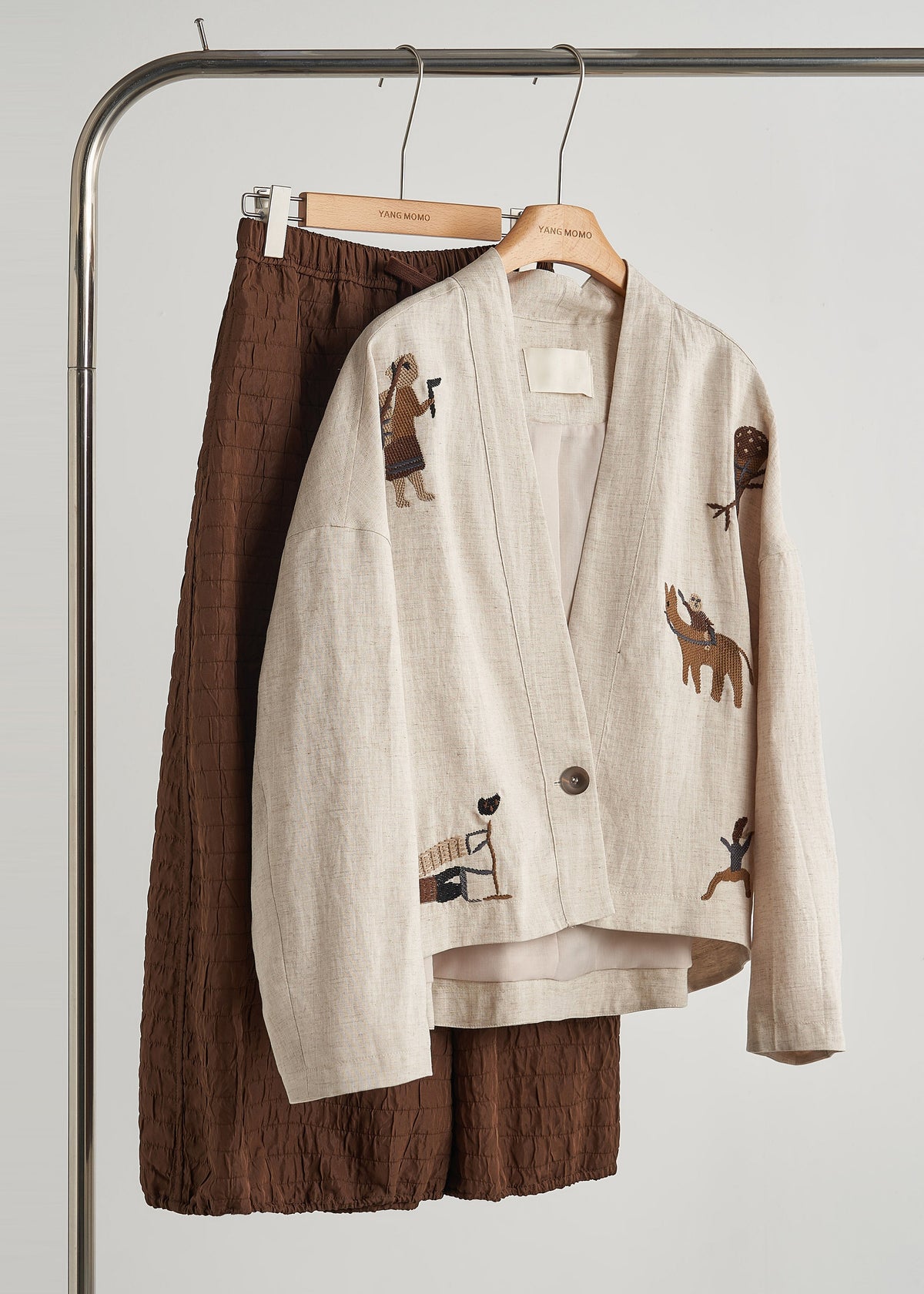 Large Linen Embroidered Beige Manteau Autumn