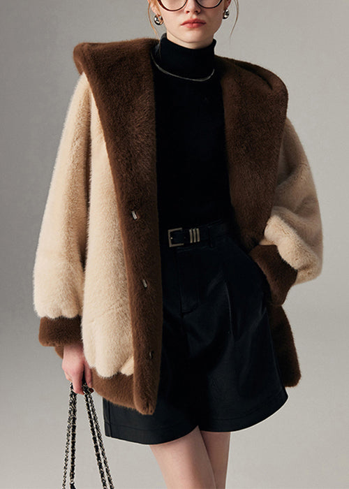 Doudounes hivernales beiges en fourrure de vison, capuche et poches - EasyApparels
