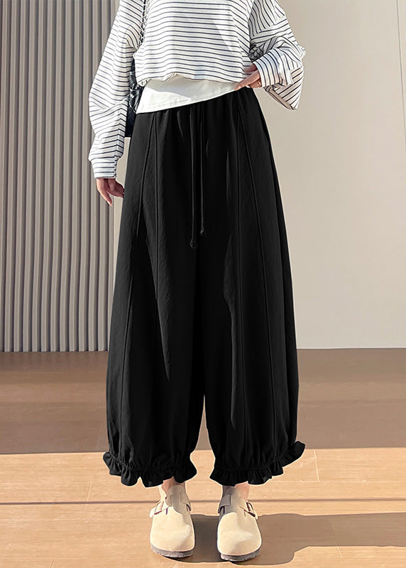 Pantalon noir coton élastique taille grande pour automne - EasyApparels