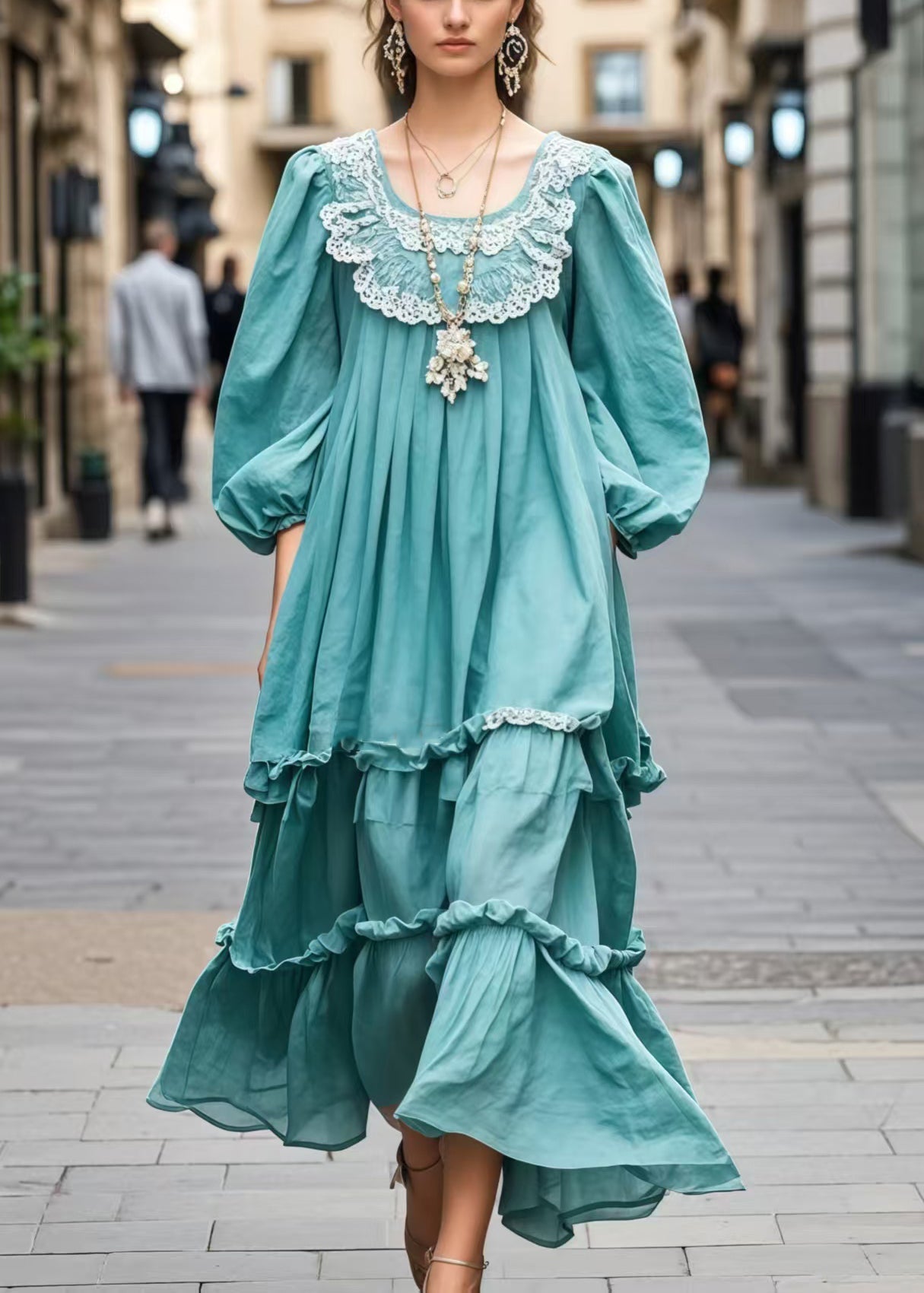 Blue Lace Ruffled Plus Size Robe with Short Sleeves - EasyApparels