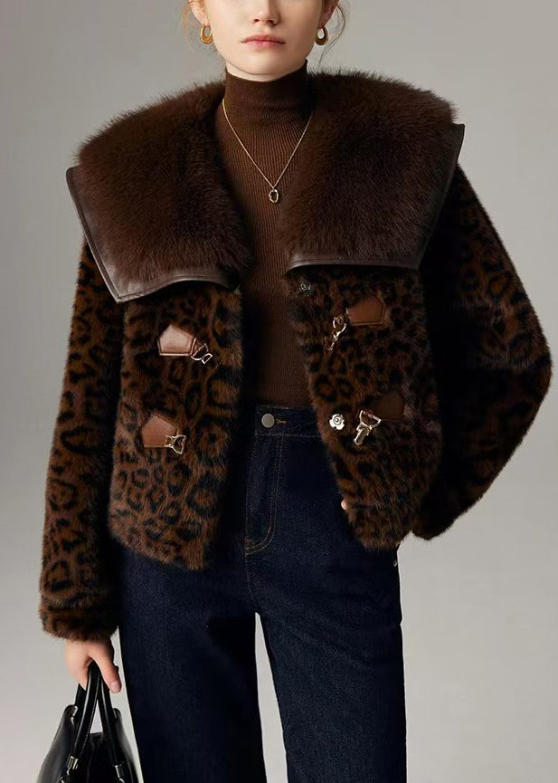 Gros manteau hivernal en fausse fourrure léopard marron - EasyApparels