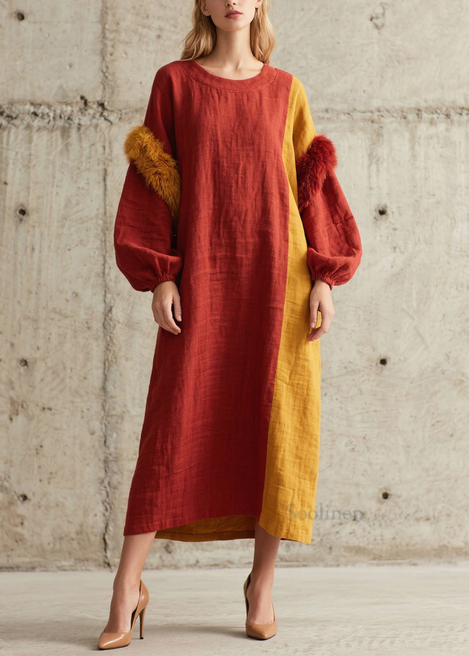 Gros robe en coton doux avec col rond et fourrure épaisse - EasyApparels
