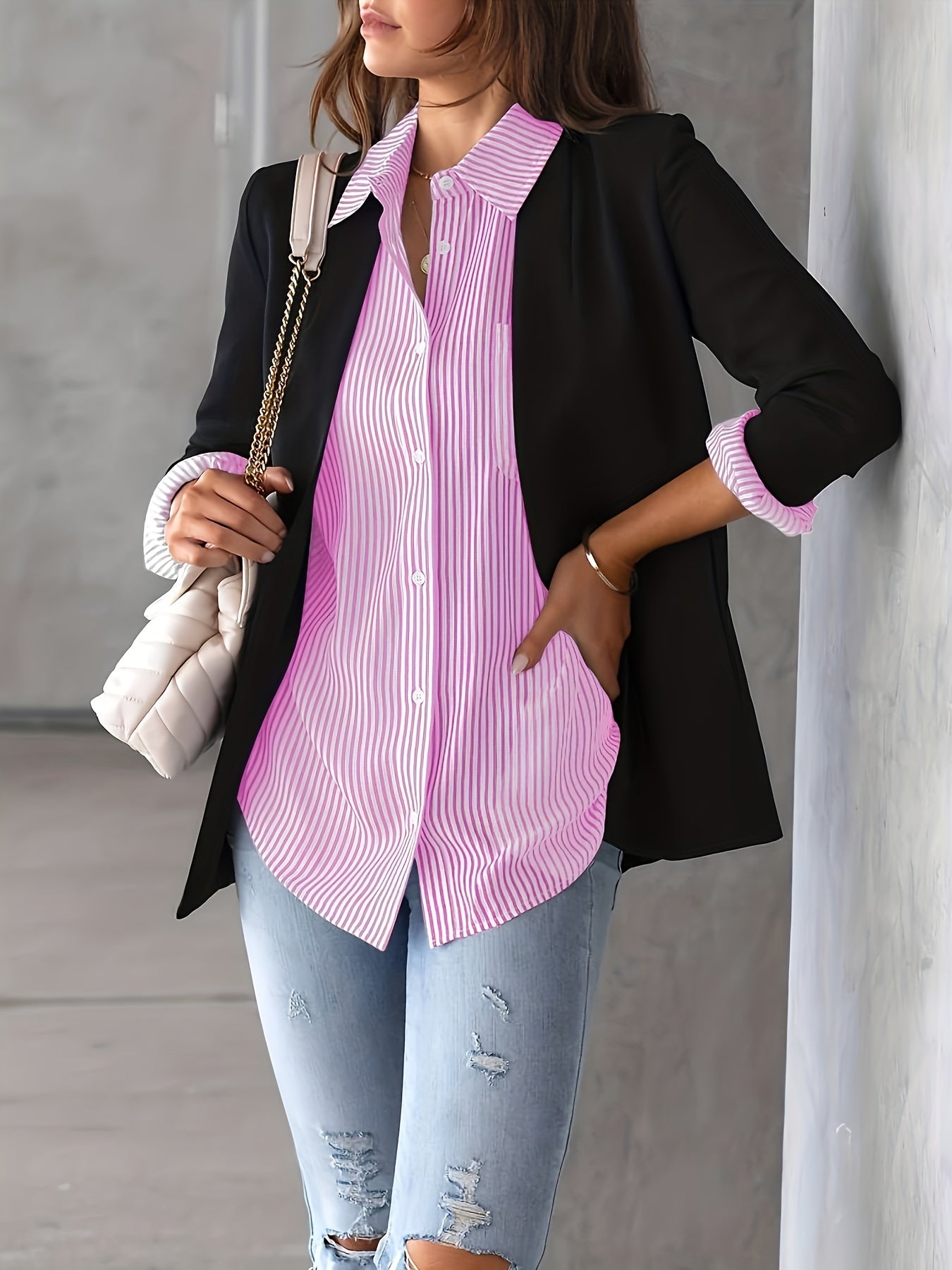 Rayelune™ – Chemise Femme Rayée Chic à Manches Longues Décontractée