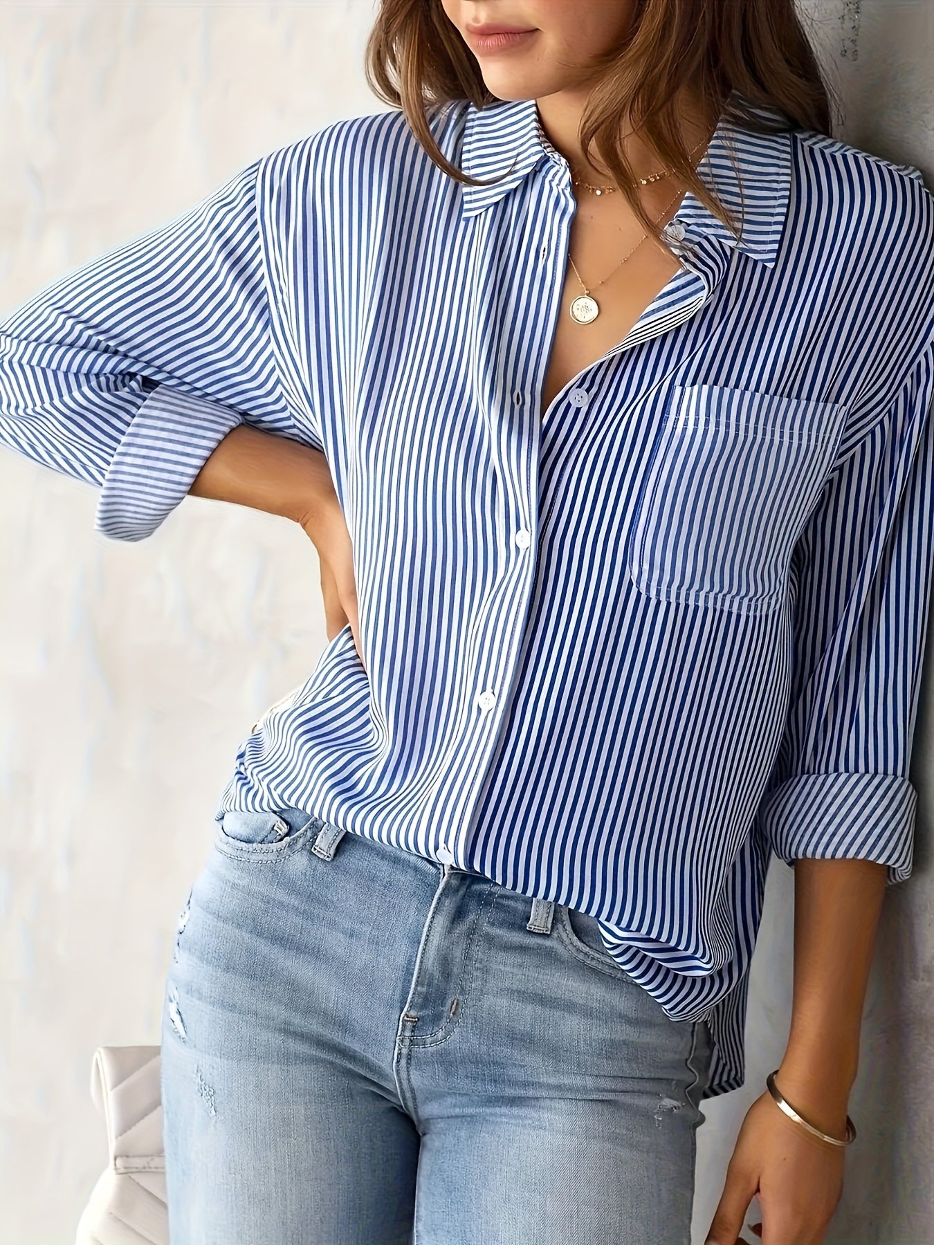 Rayelune™ – Chemise Femme Rayée Chic à Manches Longues Décontractée