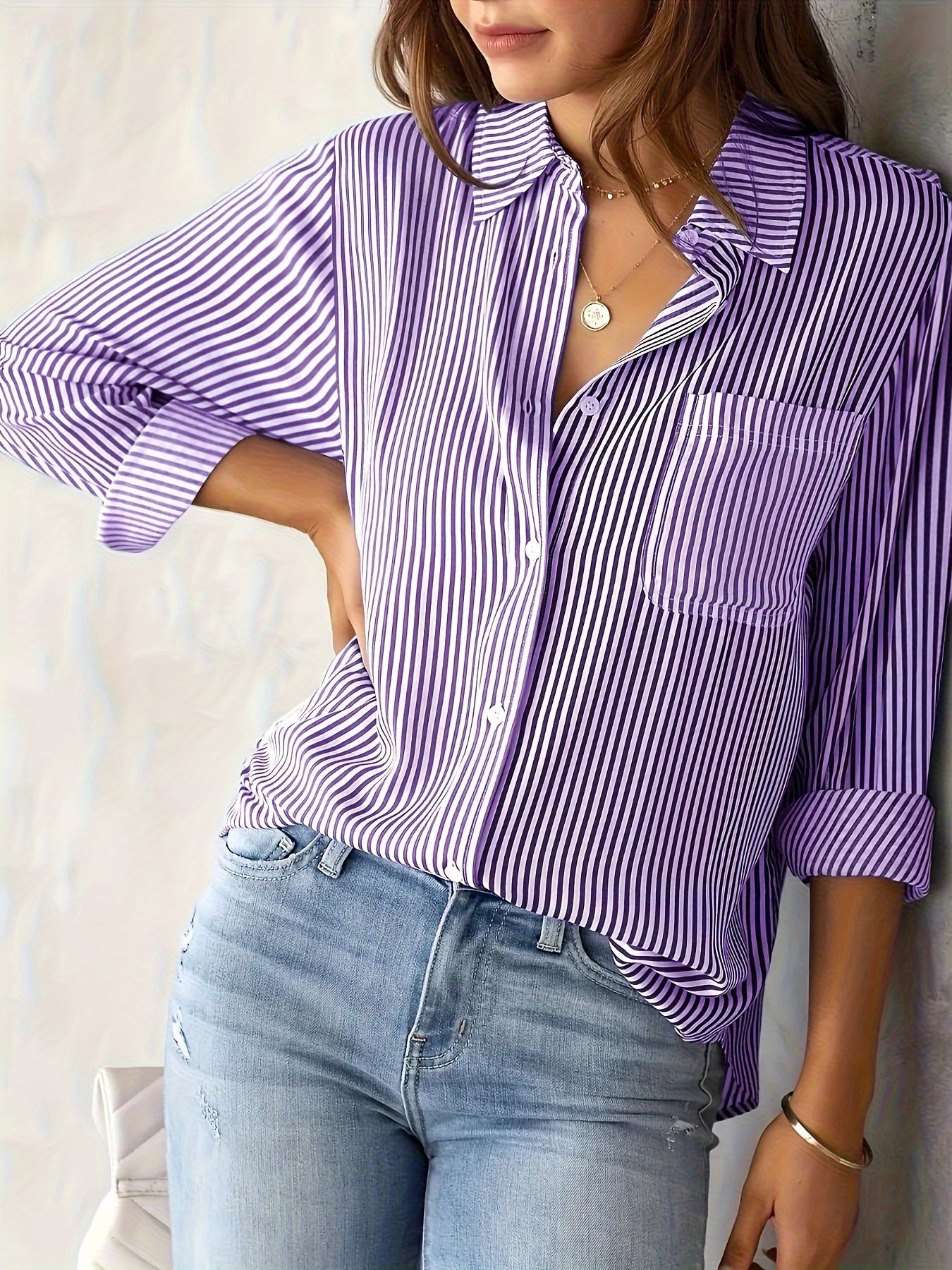 Rayelune™ – Chemise Femme Rayée Chic à Manches Longues Décontractée