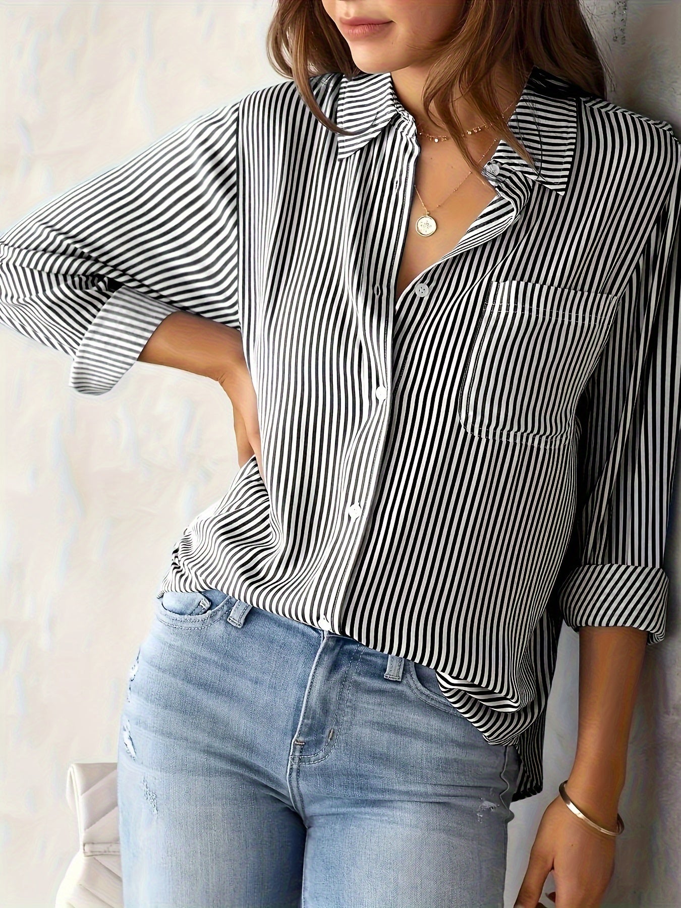 Rayelune™ – Chemise Femme Rayée Chic à Manches Longues Décontractée
