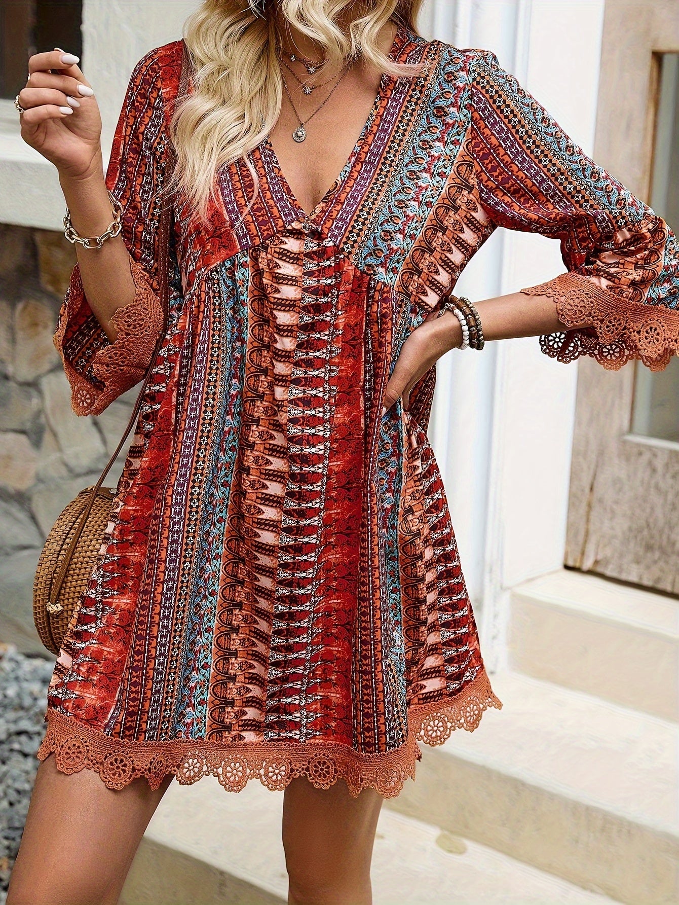 Rayzella™ – Robe Bohème Chic à Manches 3/4 Colorée et Fluide pour Été