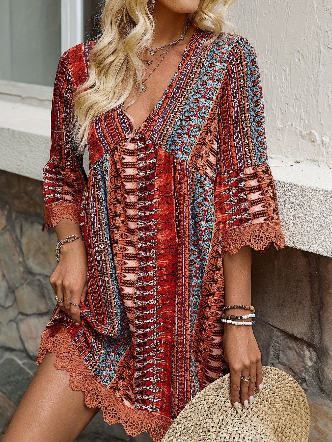 Rayzella™ – Robe Bohème Chic à Manches 3/4 Colorée et Fluide pour Été