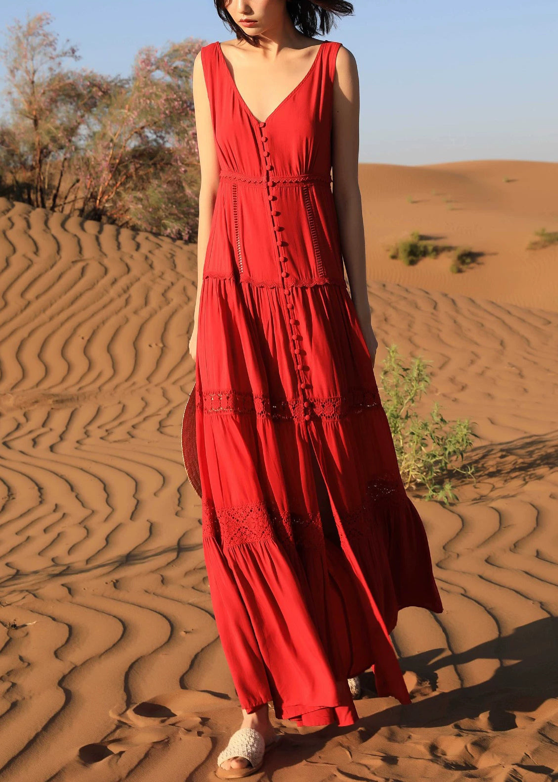 Robe longue rouge légère en coton pour femme été - EasyApparels