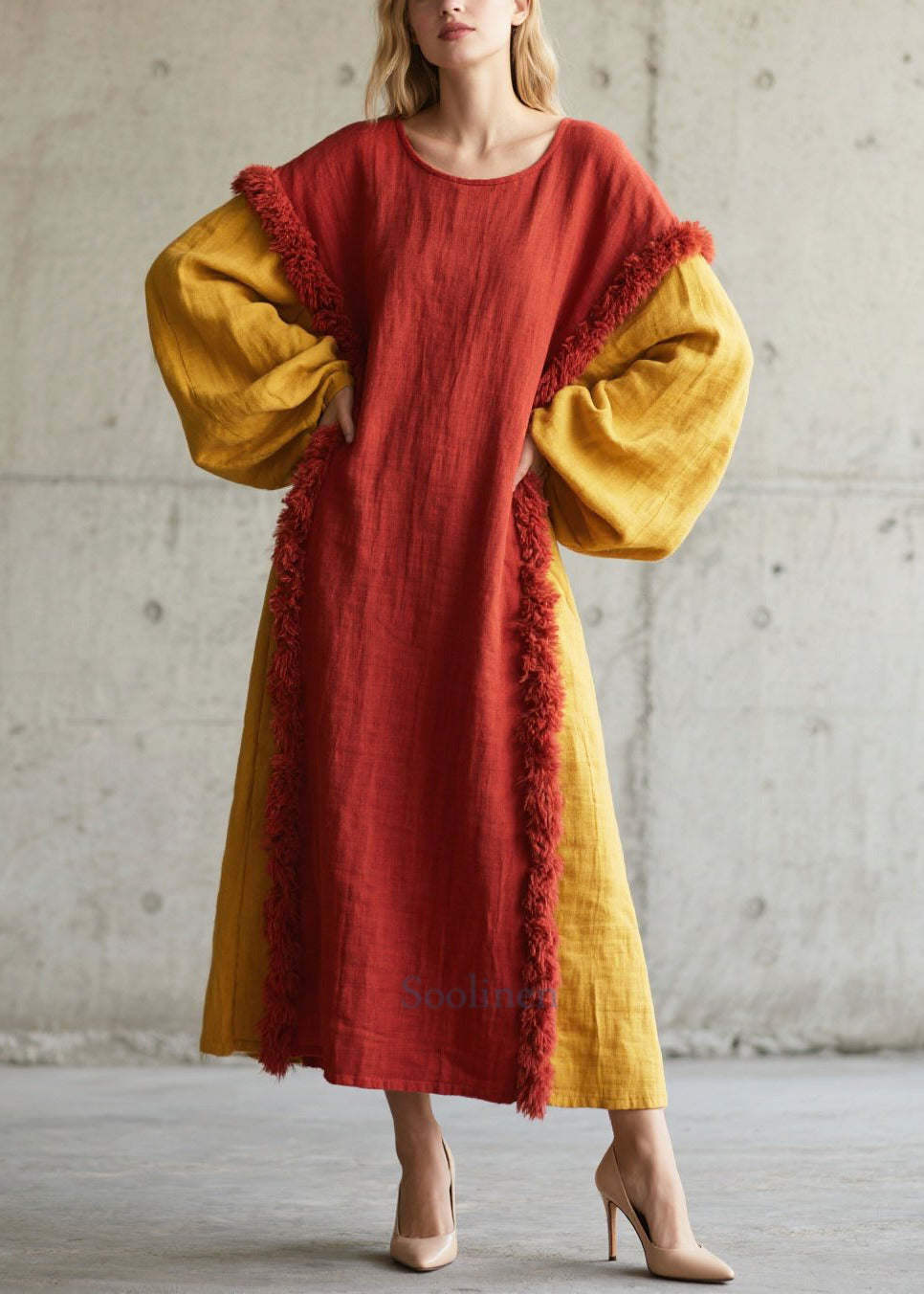 Douce robe hivernale rouge en coton épais - EasyApparels