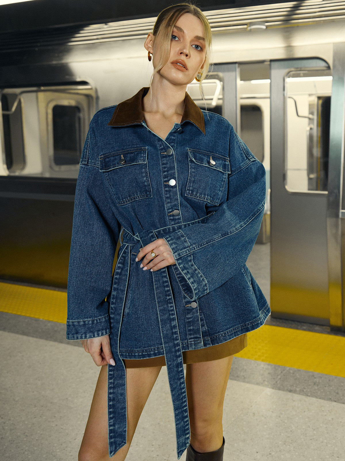 Veste longue Femme en Denim Ceinture Coupe Structurée