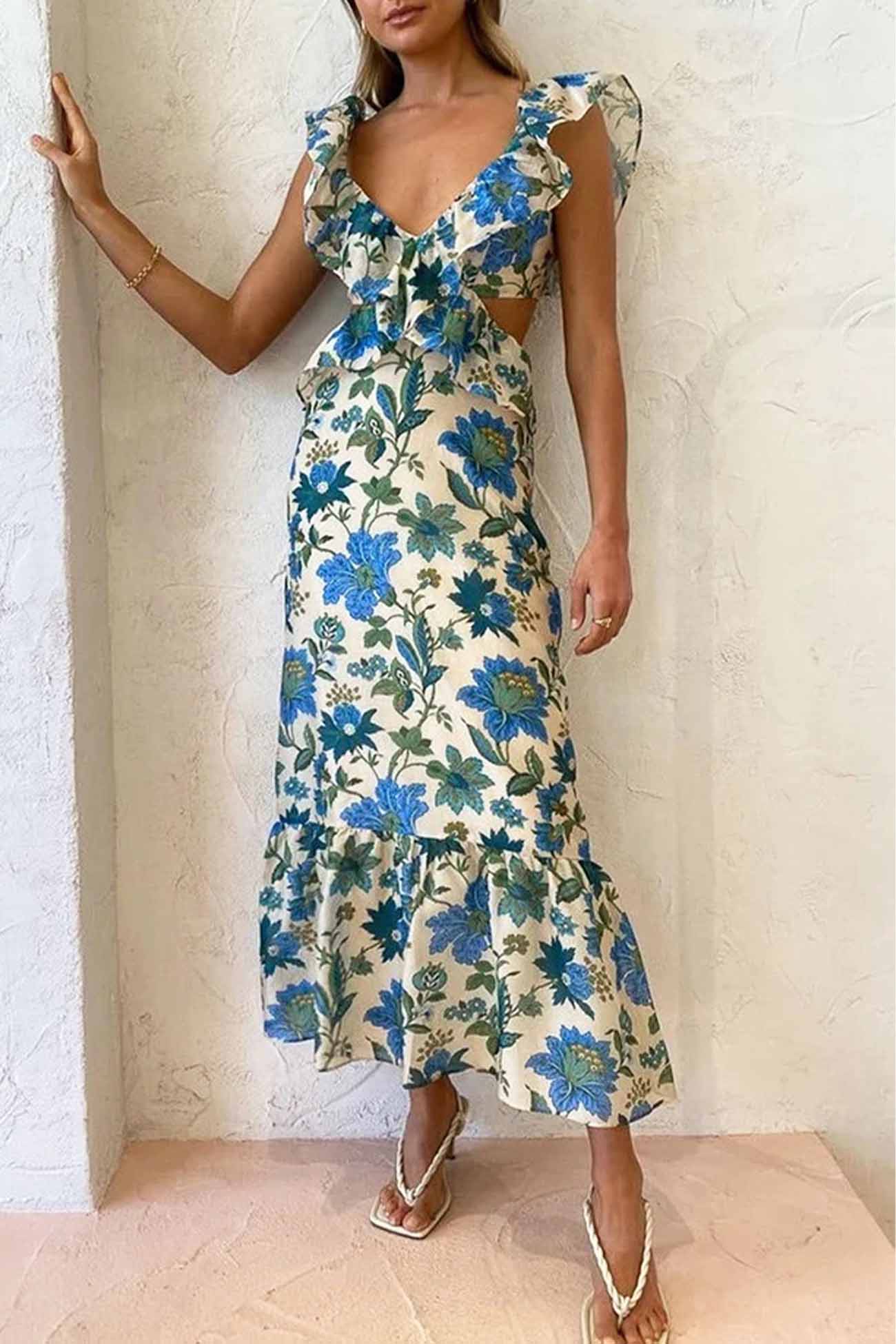 Robe Été Longue pour Femme avec Décolleté en V et Volants