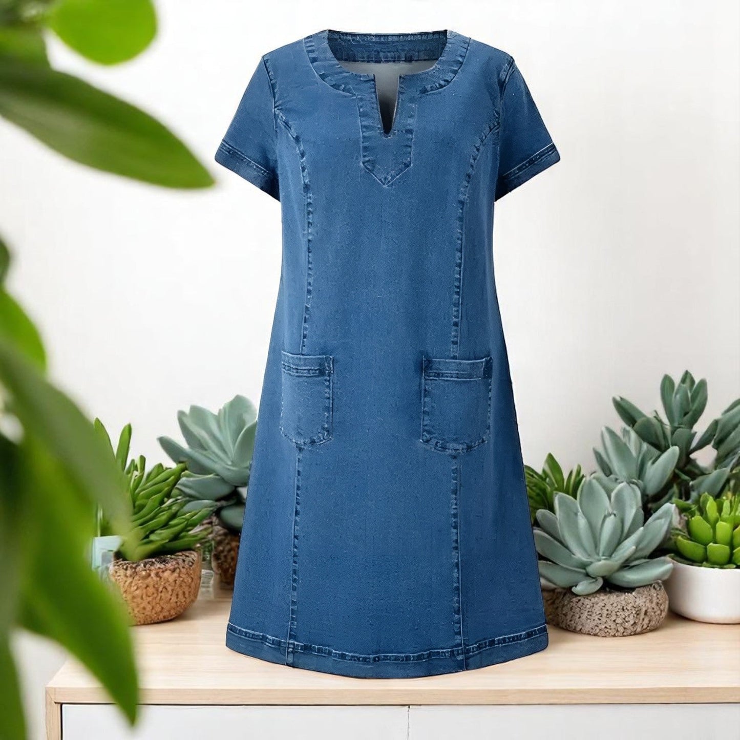 Robe Femme Denim Col en V Poches Avant Manches Courtes