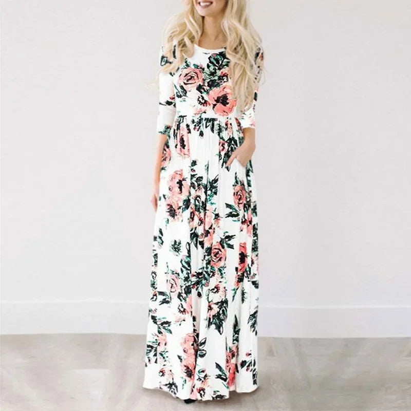 Robe Longue Bohème à Manches avec Imprimé Floral