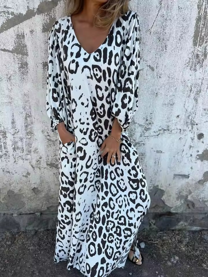 Robe longue Femme Fluide Imprimé Col en V Manches longues