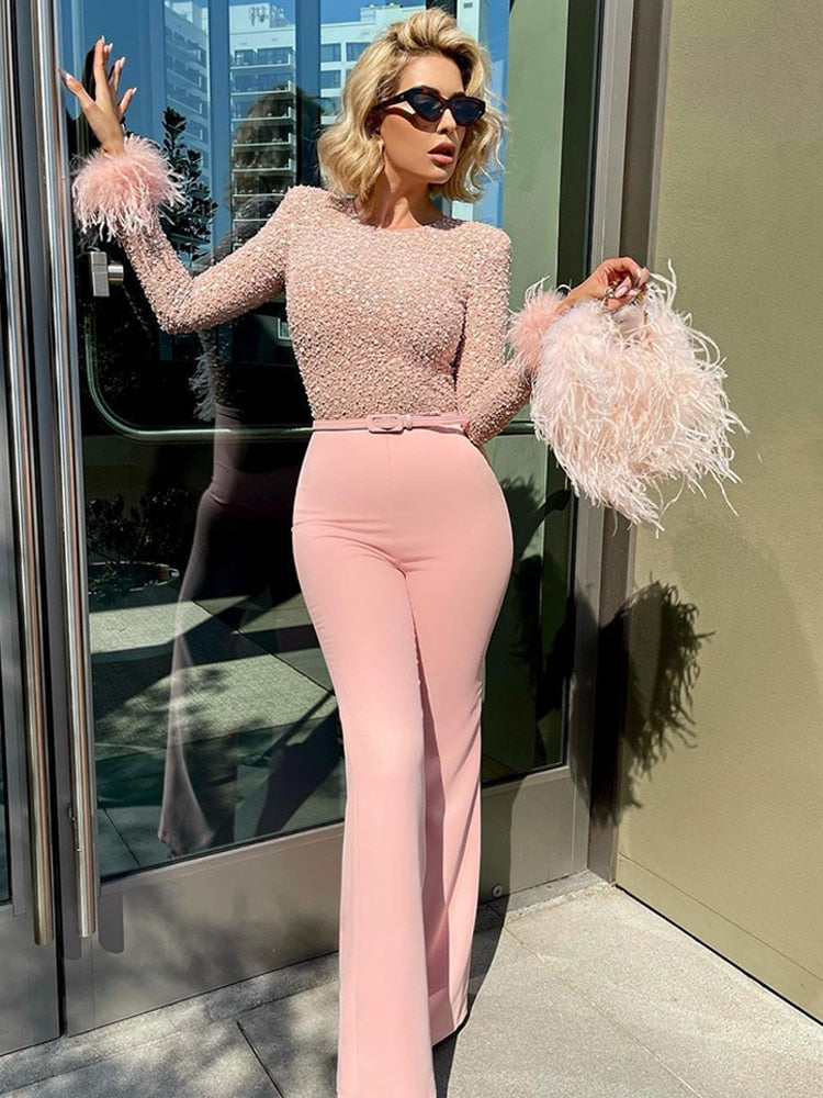 Variant image for Sophia™ – Combinaison Femme Chic avec Paillettes et Plumes Élégantes-5