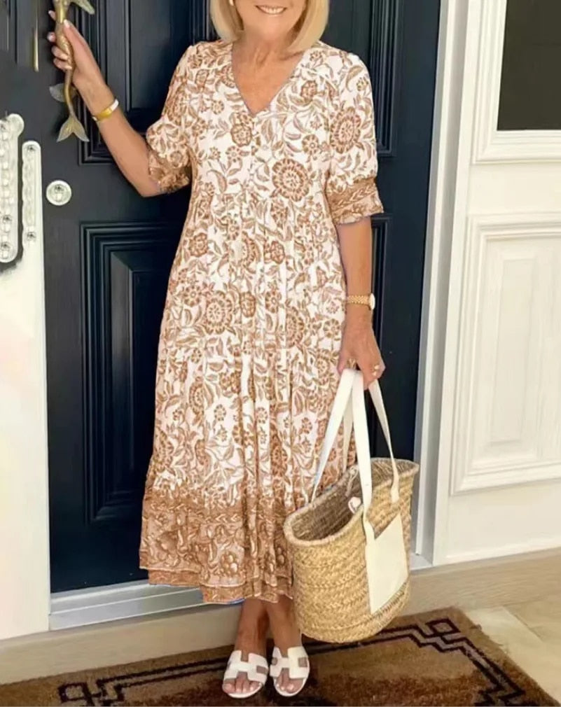 Robe Femme Fluide Imprimé Floral Col V Manches Courtes