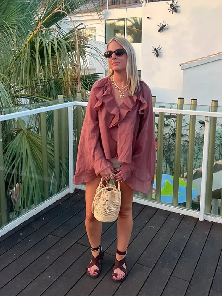 Blouse en Soie Transparente Brun Femelle Élégante