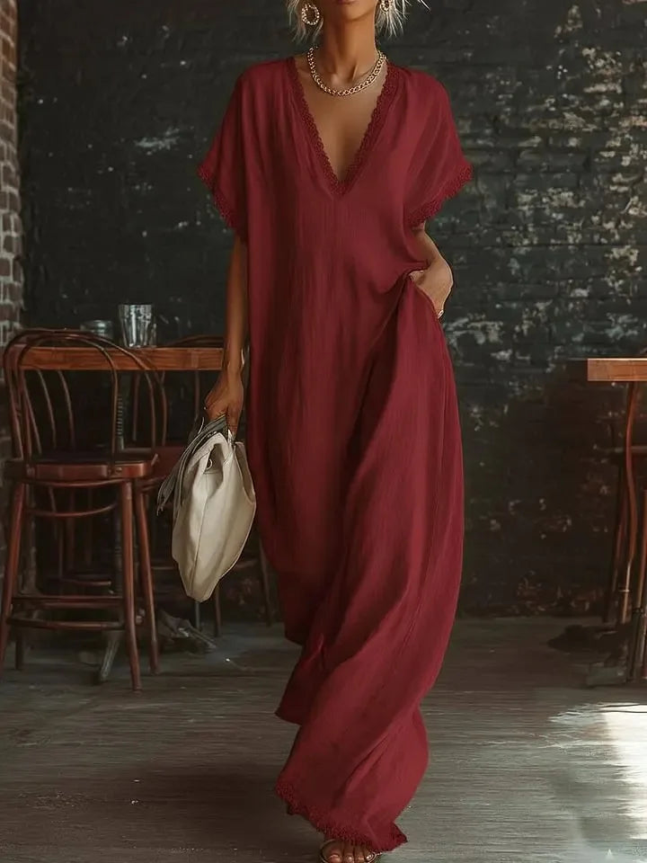 Robe longue Femme Fluide Col en V Finitions Dentelle