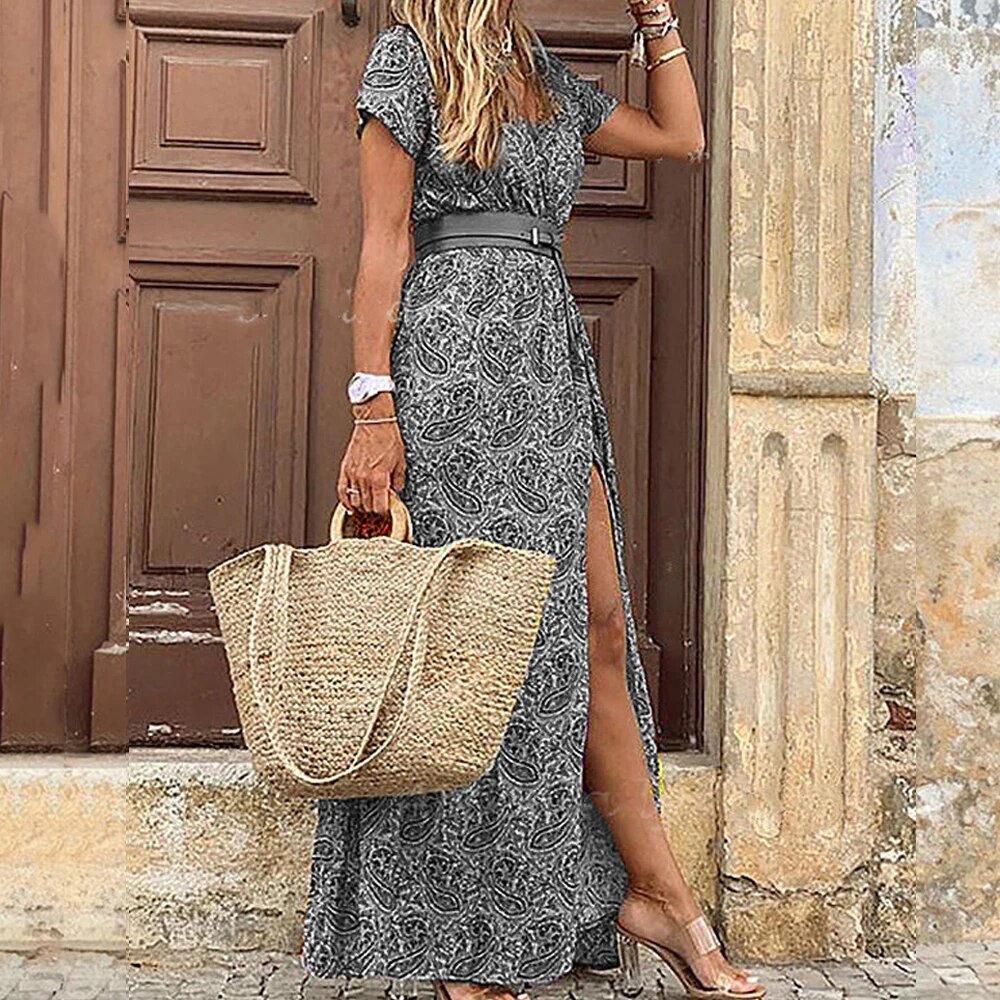 Robe longue fleurie décontractée pour femme avec ceinture -> Robe longue fleuriée femme décontractée élégante