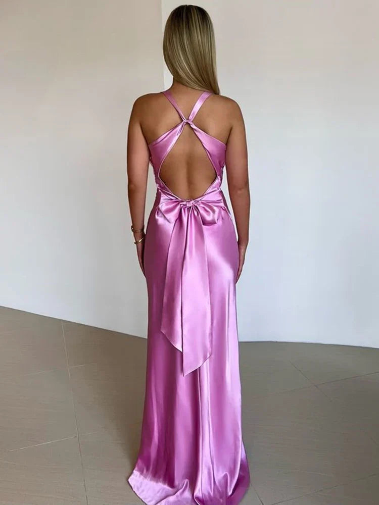 Robe de Soirée Femme Longue en Satin avec Décolleté Profond