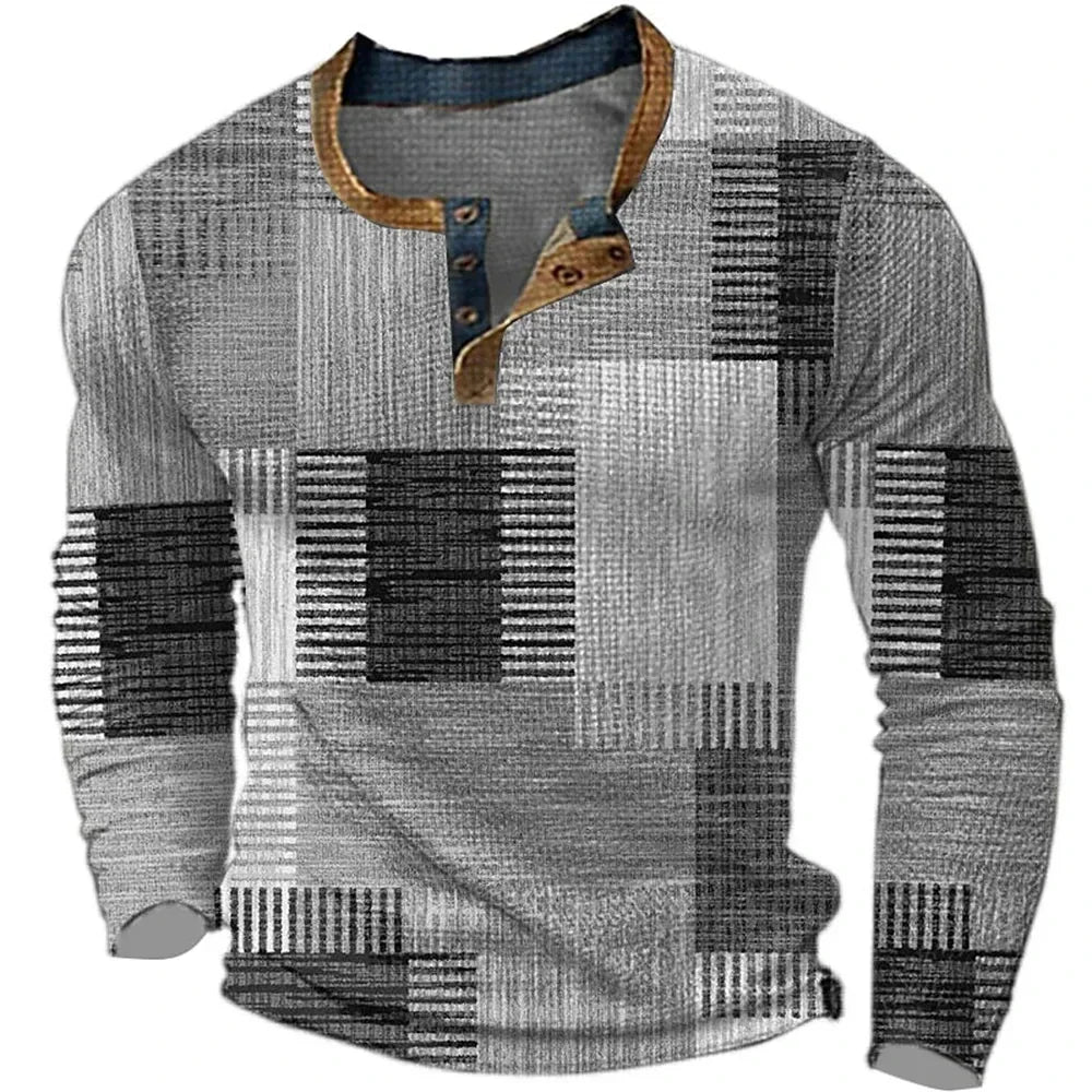 T-shirt Homme Coton Col Henley Manches Longues Coupe Patchwork