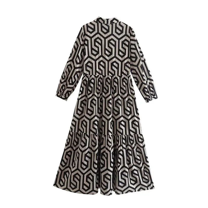 Viélia™ – Robe Longue Femme Élégante à Manches Longues Design Géométrique-5