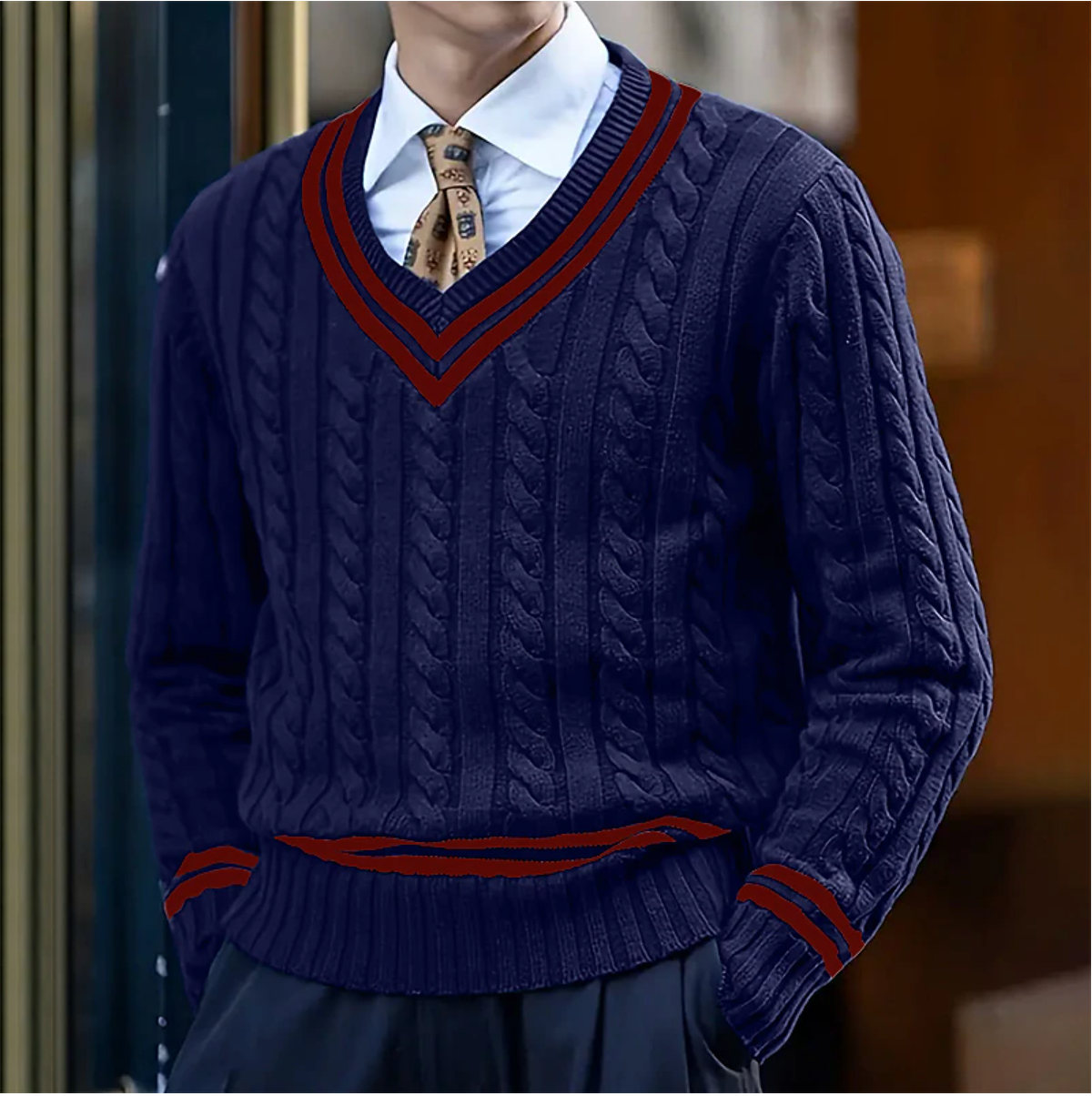 Pull Homme Col V en Laine Mélange Épais
