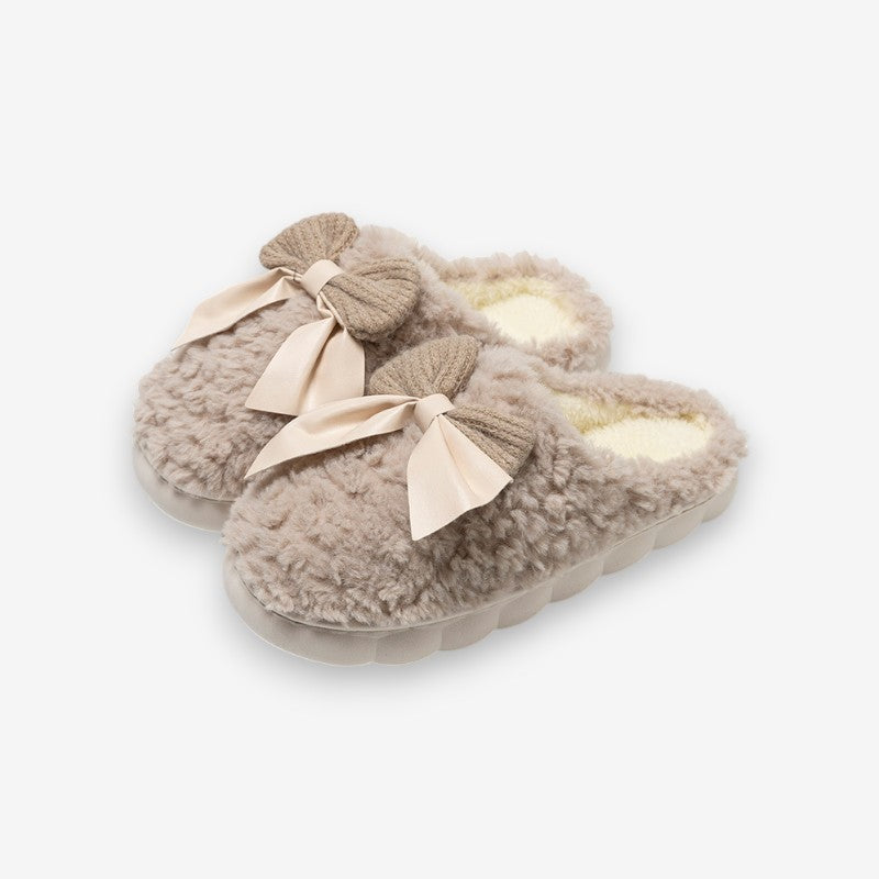 Chaussons Peluche Confortables à Bout Rond avec Nœud Décoratif