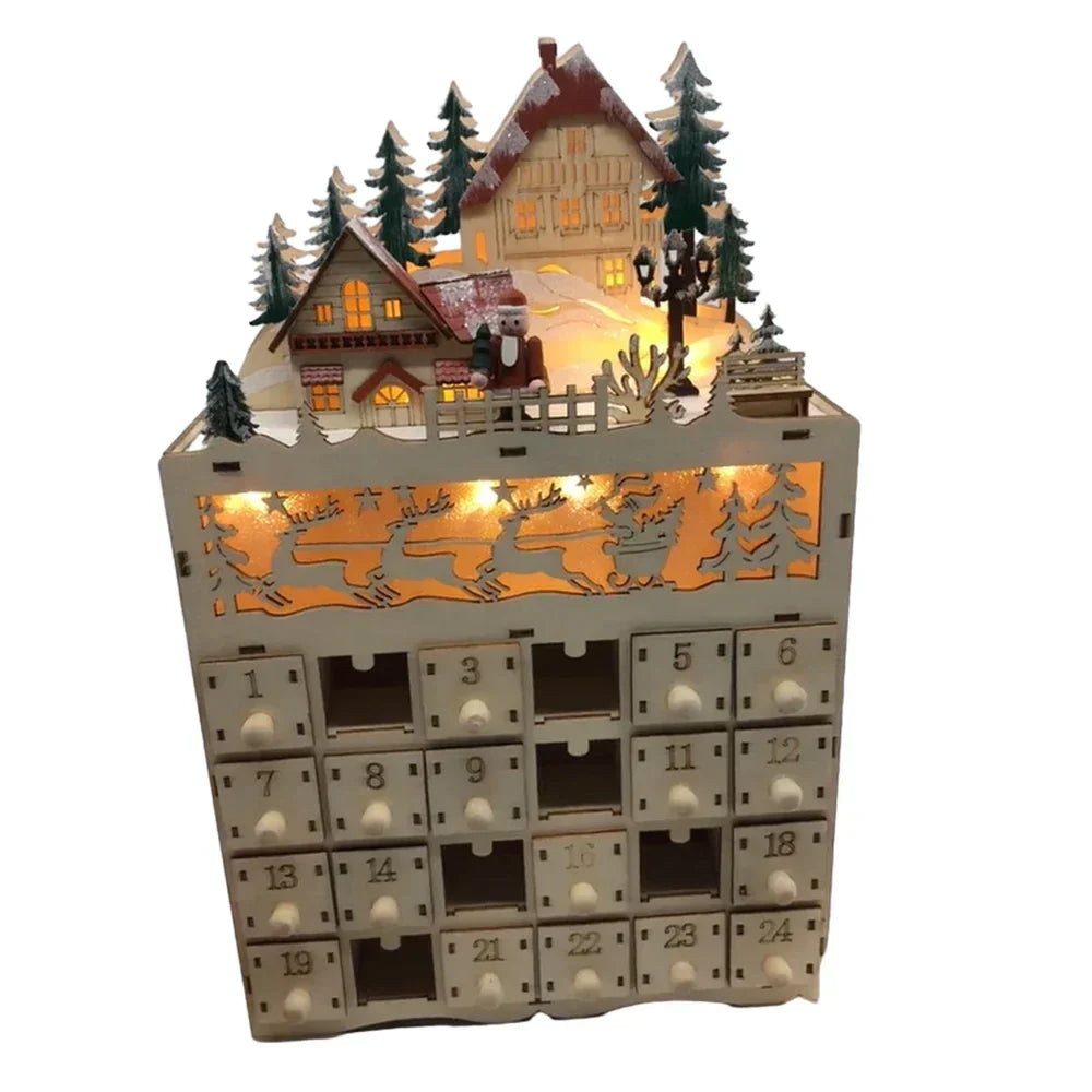 Calendrier de l'Avent En Bois avec Maison de Neige Colorée - PanierRoyale