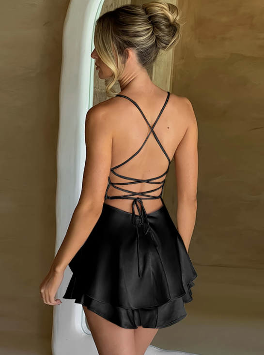 Serelune™ – Robe Femme Été Courte Chic à Bretelles & Col Bénitier