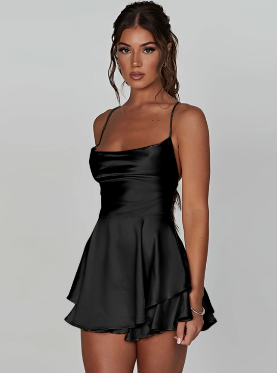 Serelune™ – Robe Femme Été Courte Chic à Bretelles & Col Bénitier