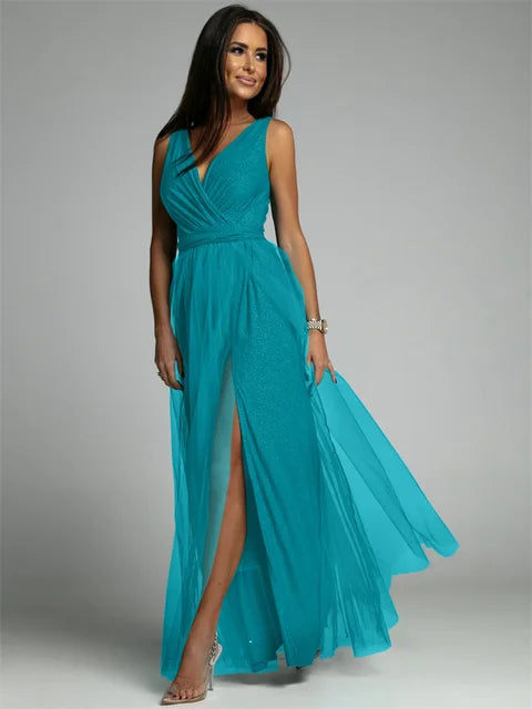 Thea™ – Robe Femme Élégante Col en V Style Chic Ourlet Fendu-3