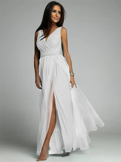 Robe Femme Élégante Col V Décolleté Fendu Arrière