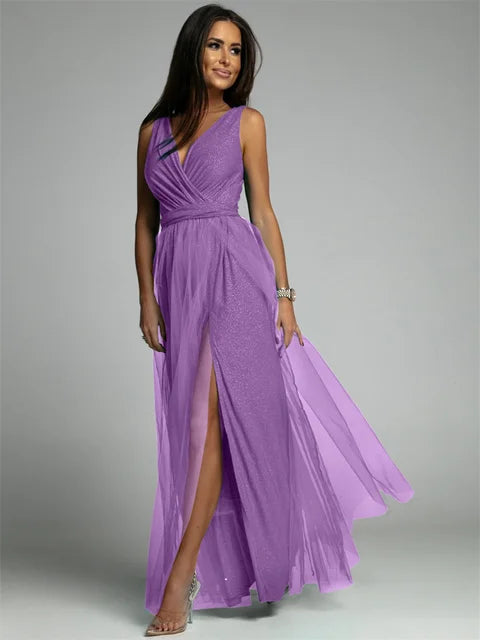 Variant image for Thea™ – Robe Femme Élégante Col en V Style Chic Ourlet Fendu-16