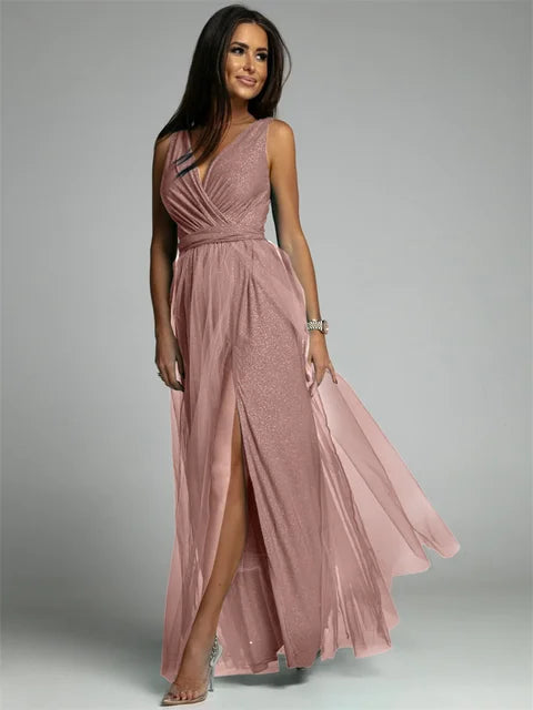 Thea™ – Robe Femme Élégante Col en V Style Chic Ourlet Fendu-2