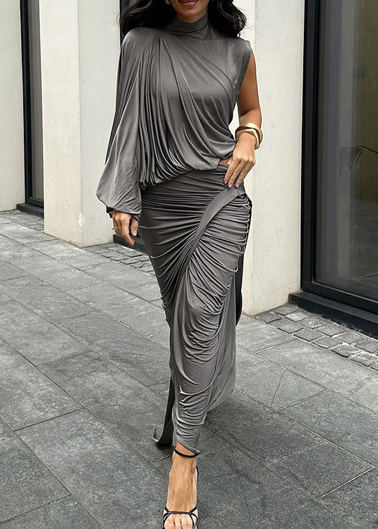 Robe deux pièces élégante grise décontractée avec top et jupe - EasyApparels