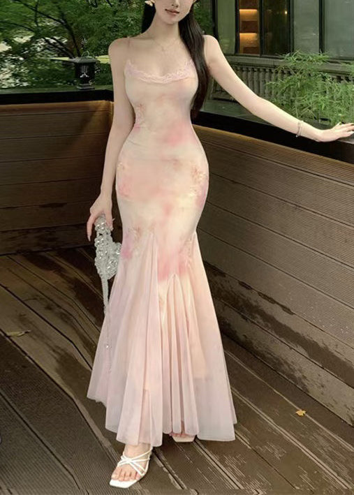 Robe rose corsetée en dentelle haute taille sans manches - EasyApparels