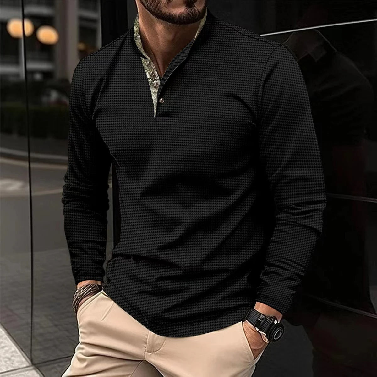 Chemise Homme Manche Longue Col Montant Décontractée