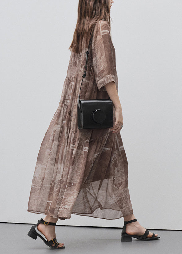 Robe en soie imprimée colore marron pour été - EasyApparels