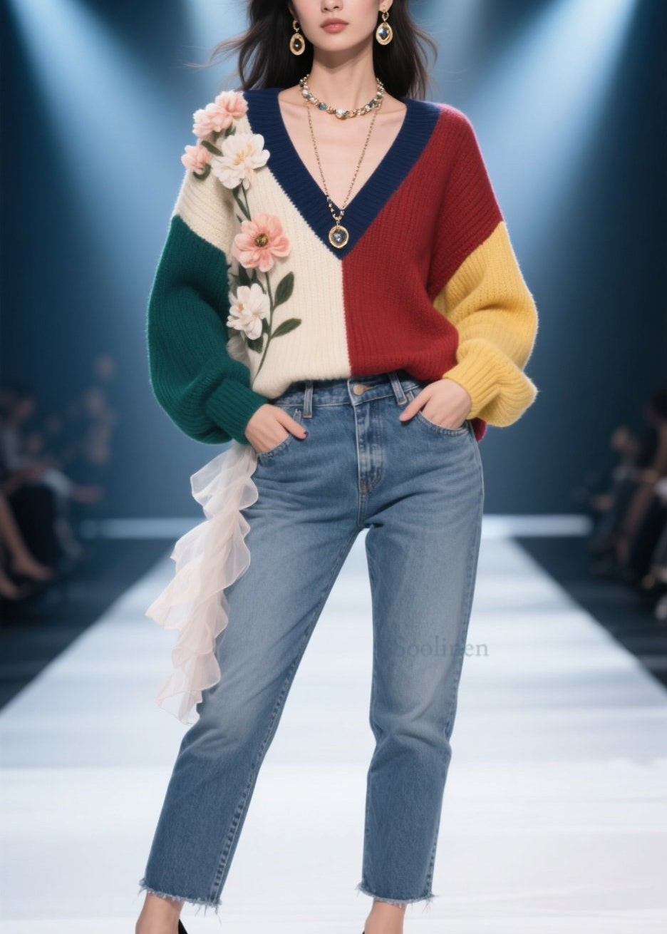 Colorful Floral Pullover Sweater with V Neck - EasyApparels