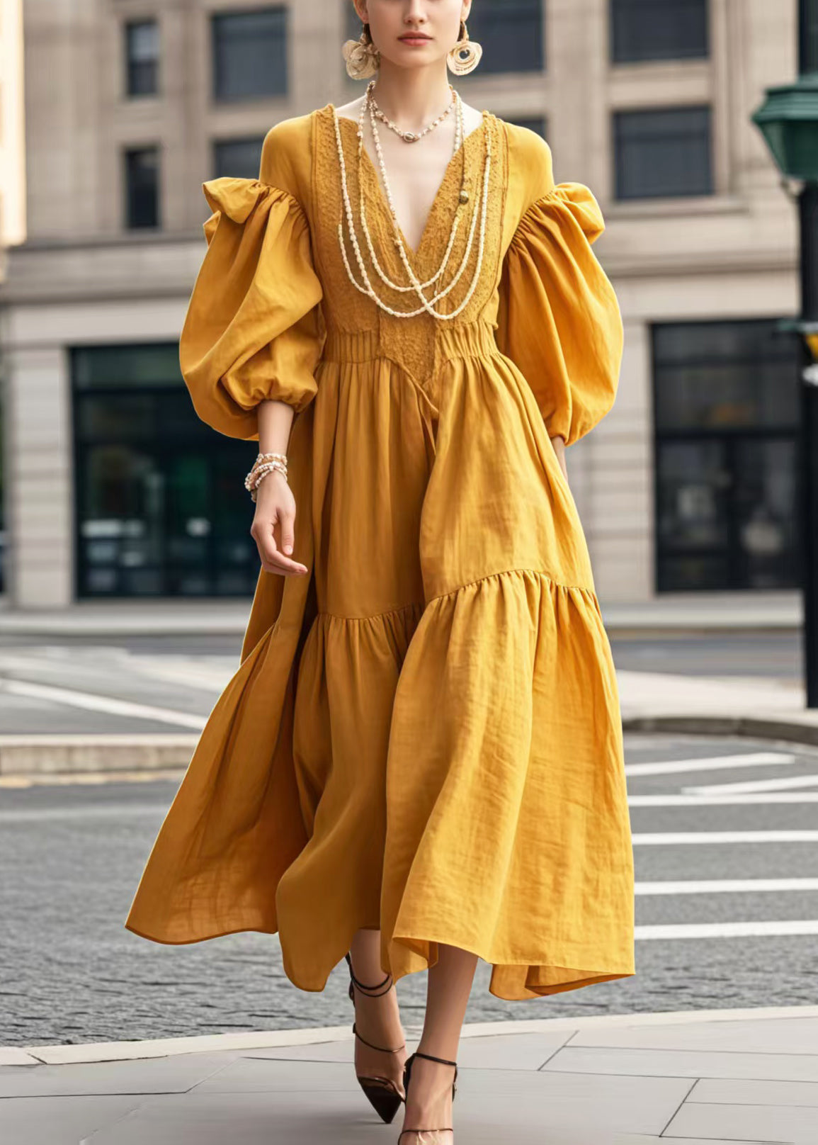 Robe jaune décolleté V et manches bouffantes - EasyApparels