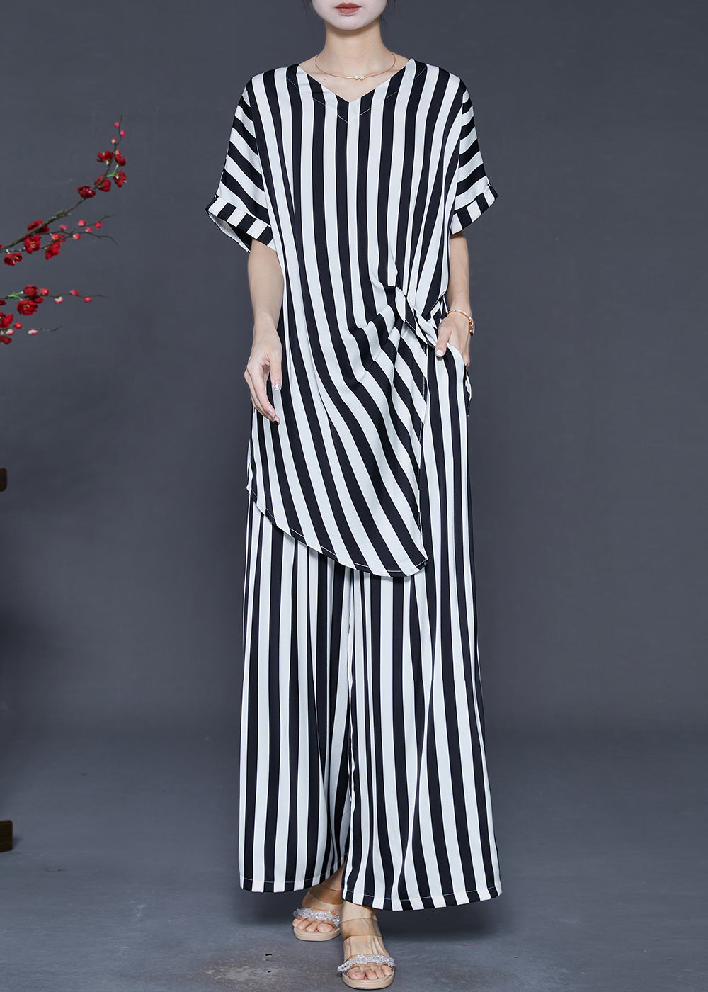 Ensemble deux pièces en soie noir et blanc chic pour femme - EasyApparels