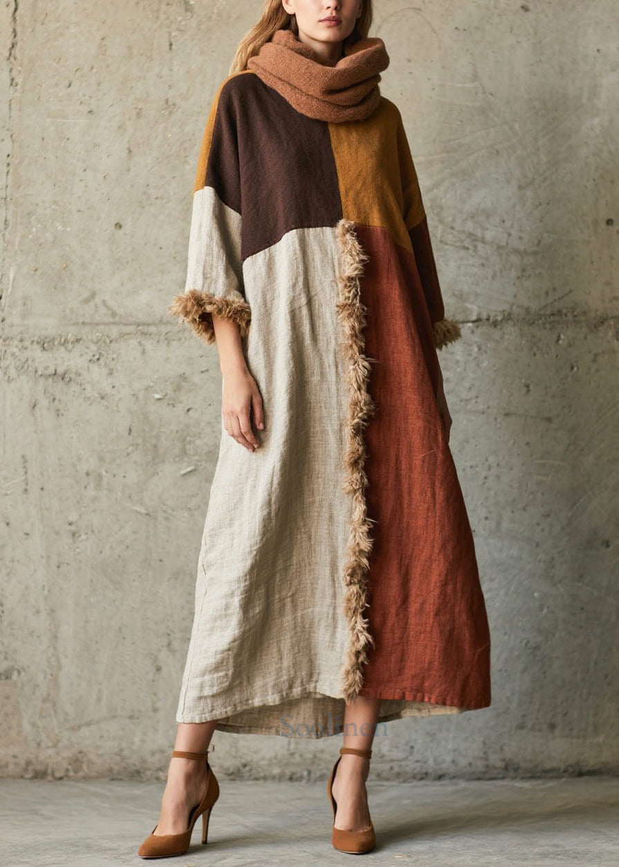 Luxueuse robe fourrure patchwork épaisse à manches courtes - EasyApparels