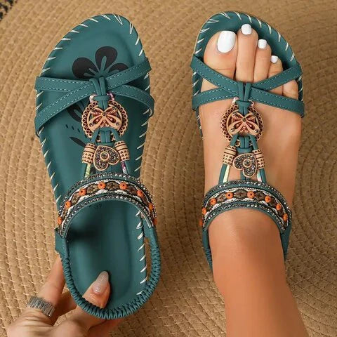 Sandales Femmes à Semelle Plate avec Décoration Ethnic