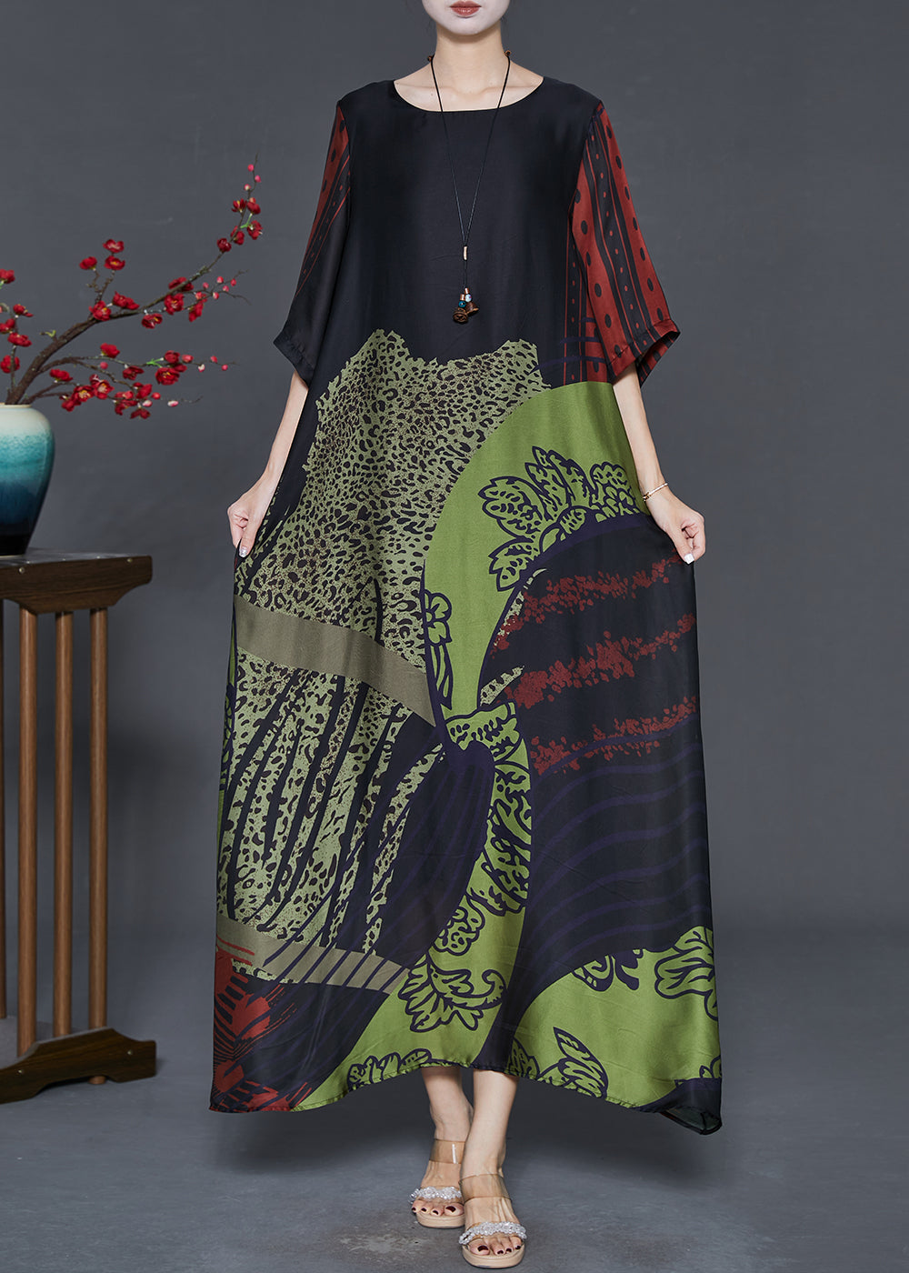Robe de soirée en soie imprimée grande noire élégante pour femme - EasyApparels