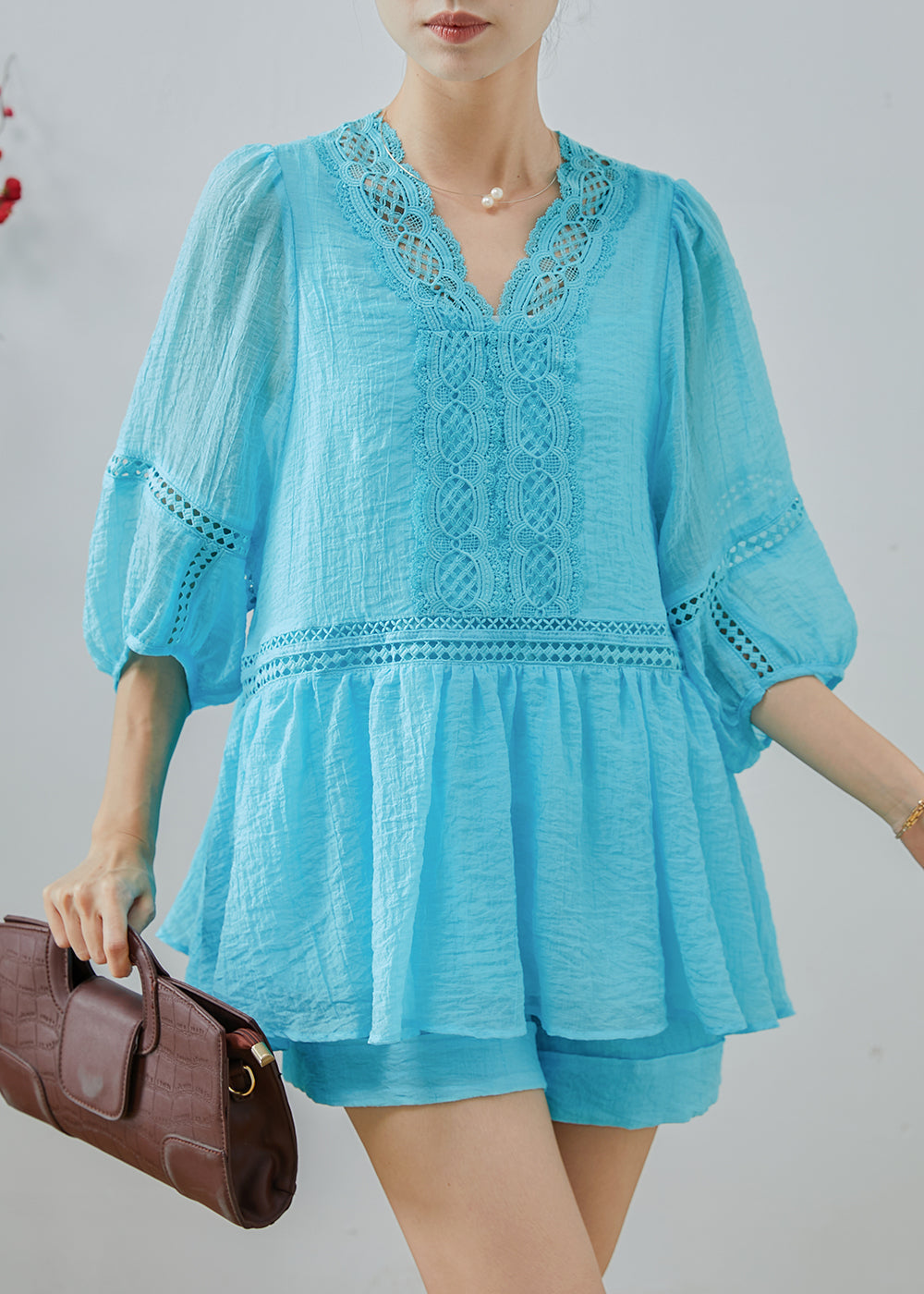 Ensemble deux pièces décontracté en coton bleu estival - EasyApparels