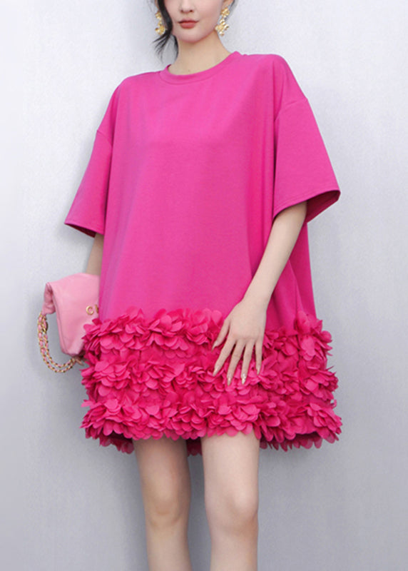 Jolie robe mi-longue tulle rose à manches courtes - EasyApparels
