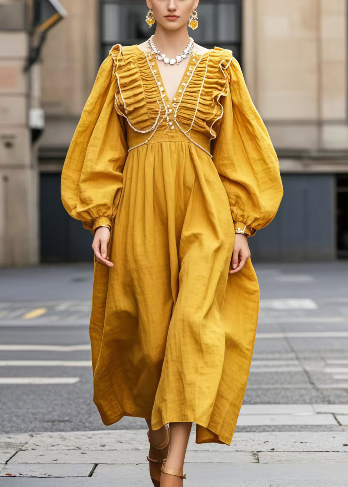 Robe jaune en coton décontractée à col V pour femme - EasyApparels